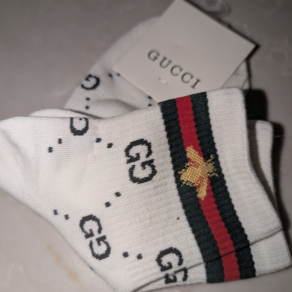 Gucci White Socks with Black, Red, and Gold Details